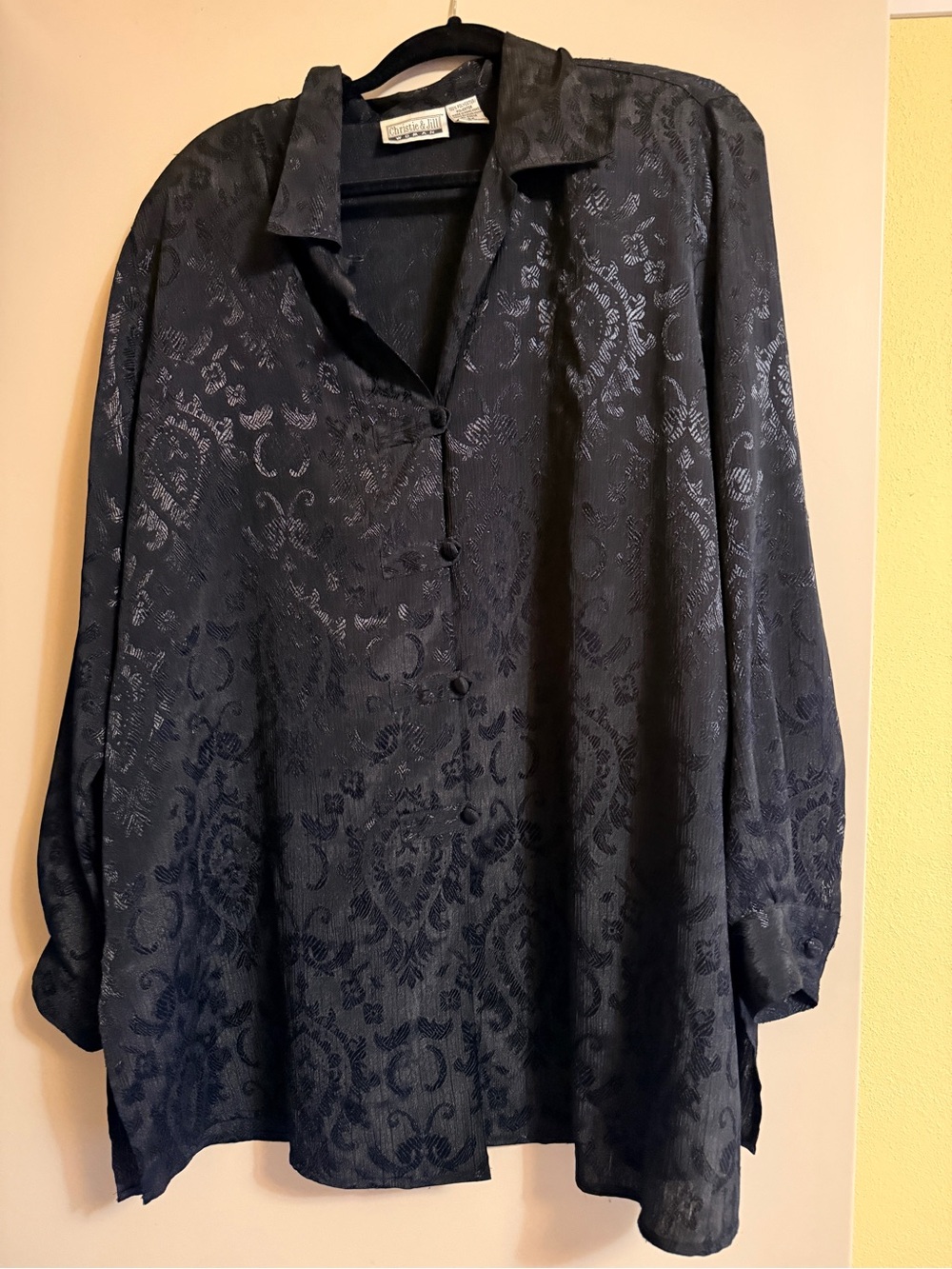Black Jacquard Button-Front Blouse